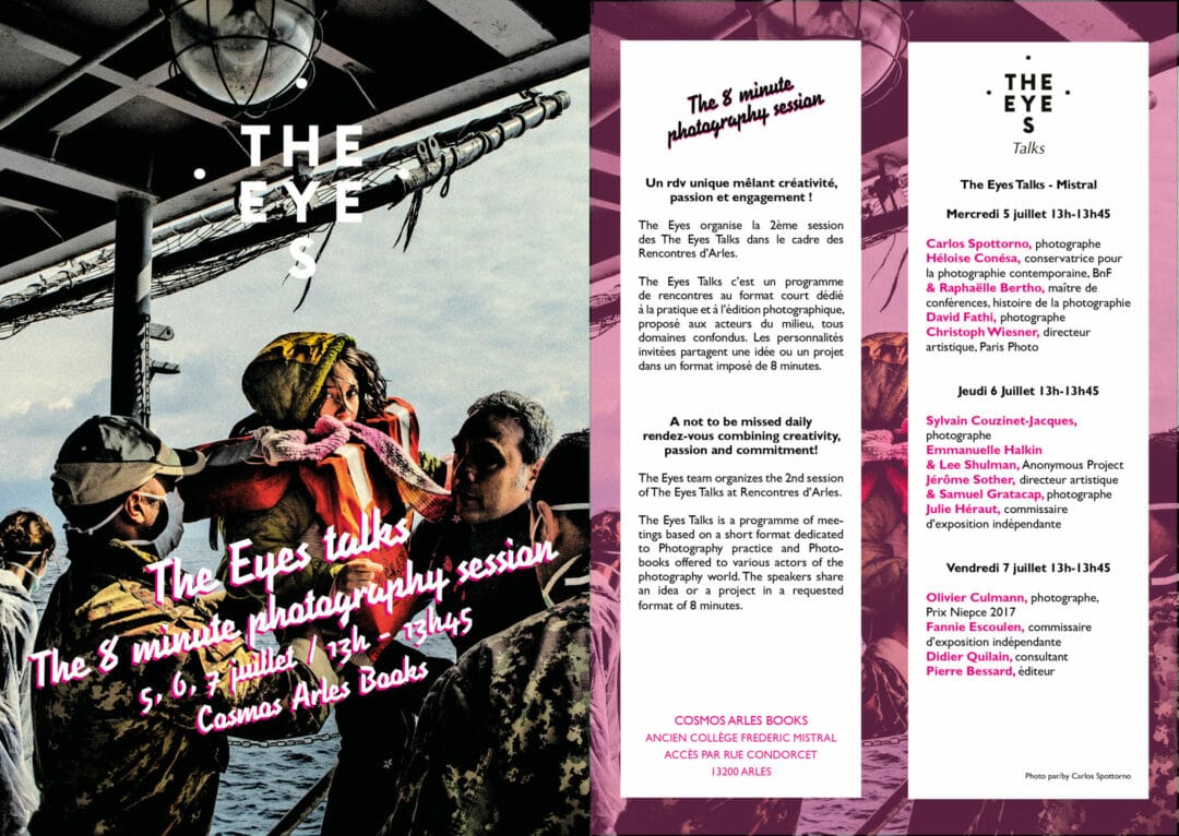 Hello Gang, je serais en Arles à partir de dimanche, Place Voltaire au Parti Communiste Français, lundi et mardi matin lecture de Portfolio pour les Rencontres d’Arles et vendredi 7 juillet 12h-13h45 Talks the Eyes “The 8 minute photography session “